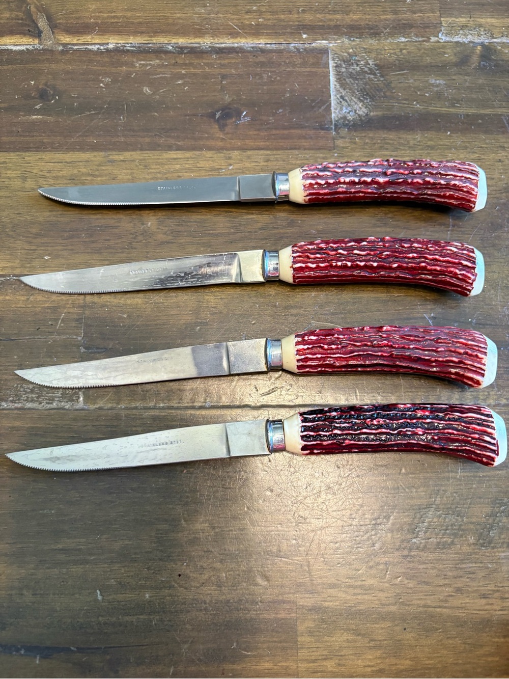 Vintage Steak Knives Japan Faux Antlers Horn Grooved Oxblood Red Stag MCM Retro